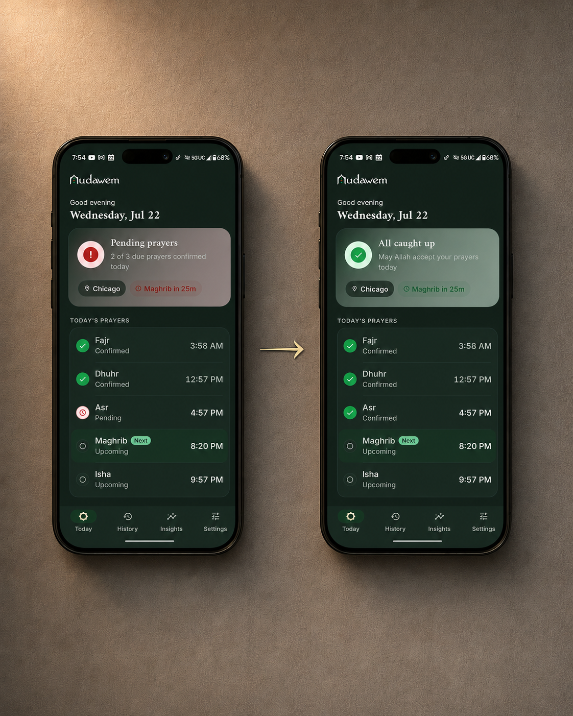 The Mudawem app before and after marking a prayer: a pending red status becomes all caught up in green
