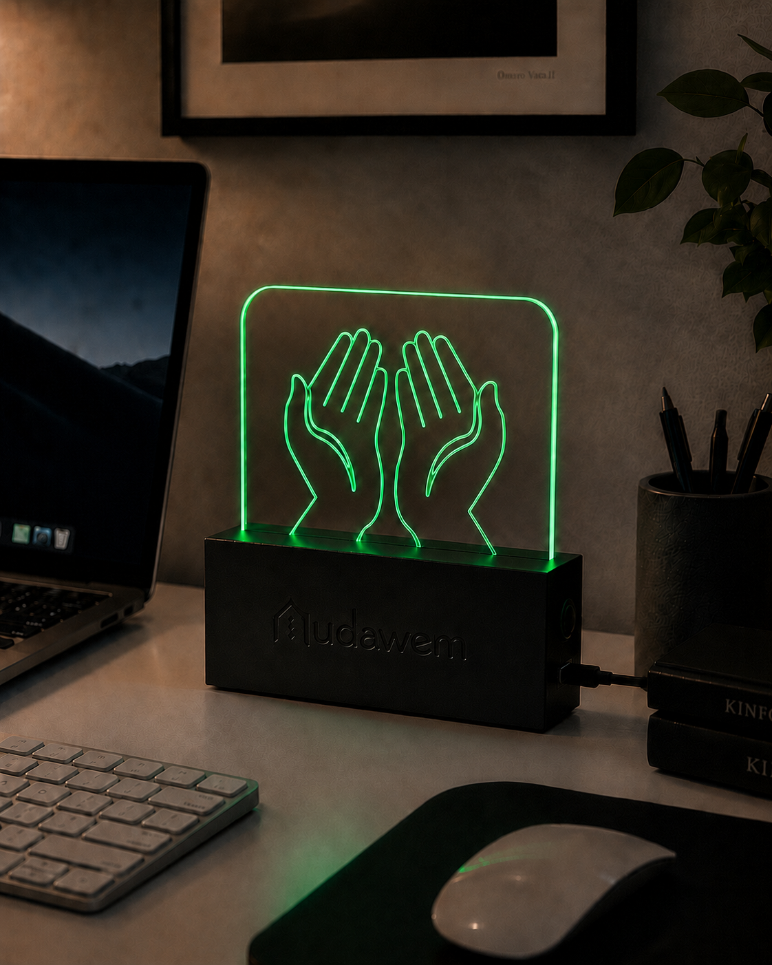 The Mudawem sign glowing green on a work desk
