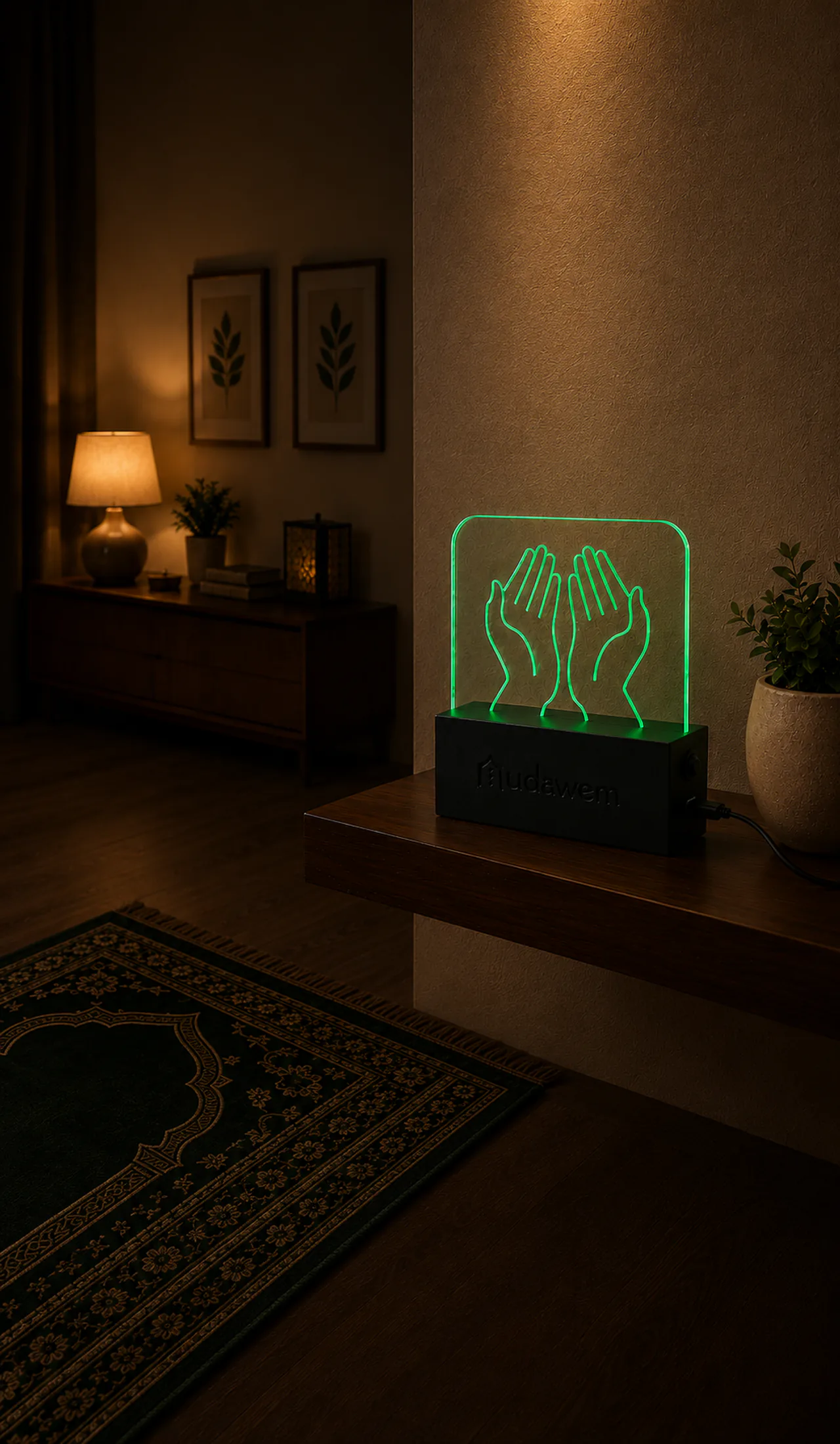 The Mudawem sign glowing green on a shelf in a living room at night