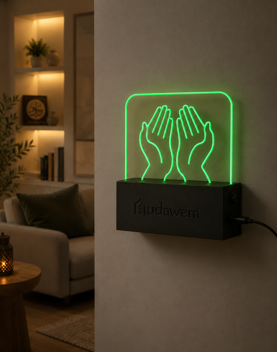 Mudawem sign glowing green on a bedroom wall at night