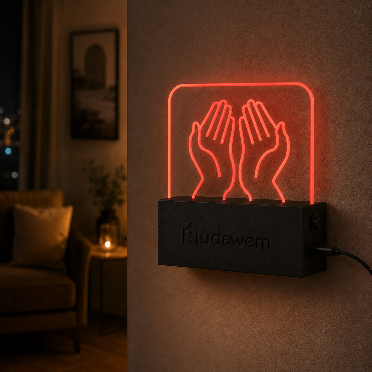 Mudawem sign glowing red in a dim room at night