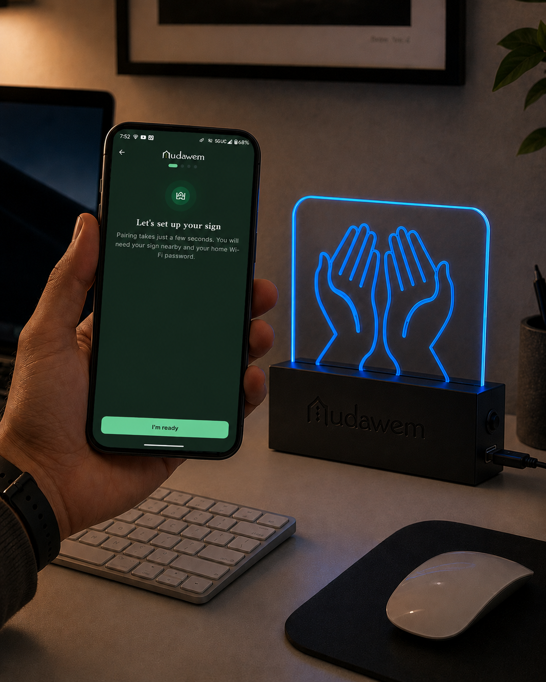 Pairing the Mudawem sign in the app while it glows blue in pairing mode