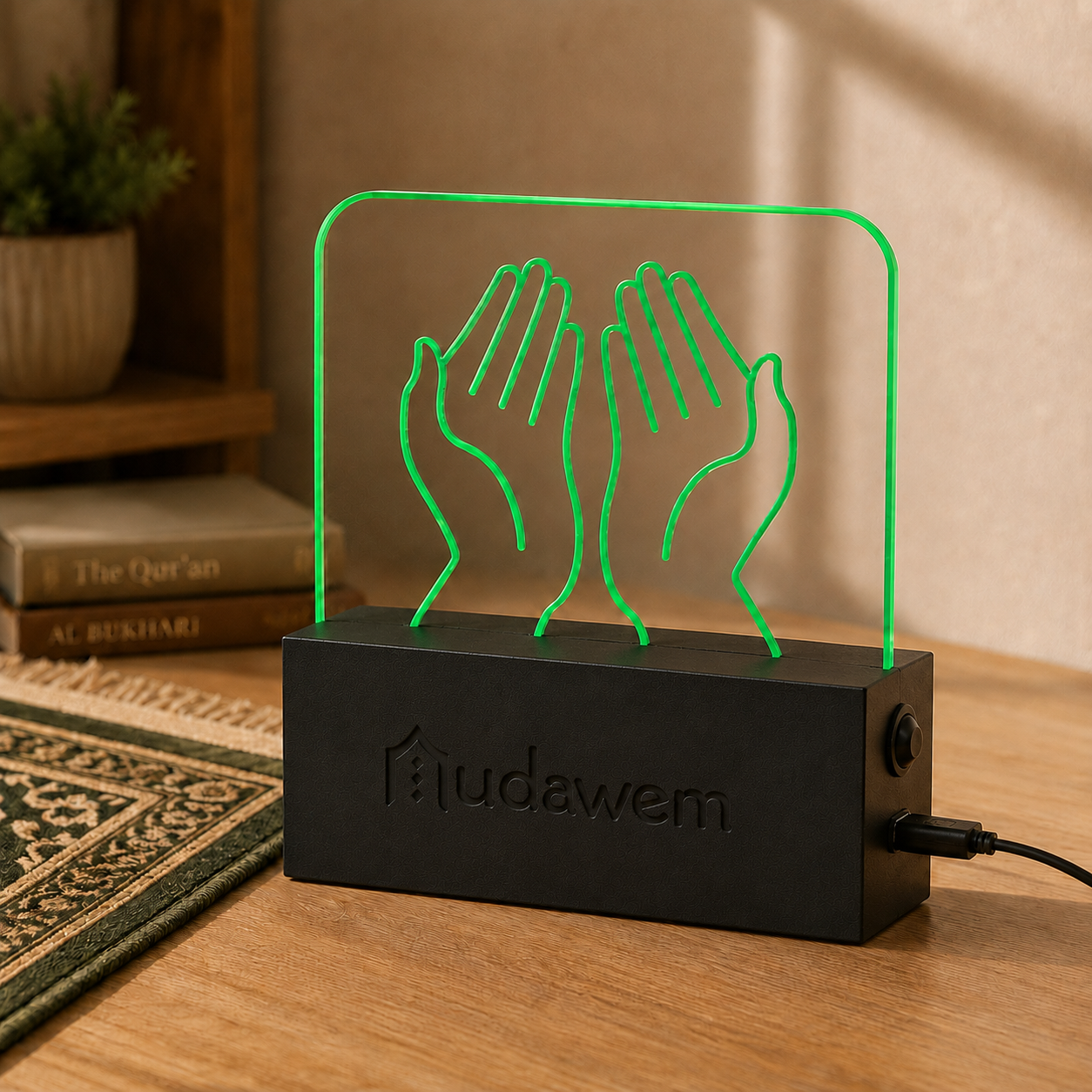 Mudawem sign glowing green on a desk with a prayer mat